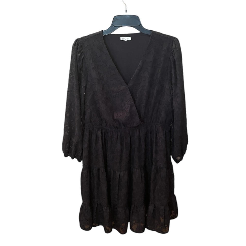 JODIFL long sleeve v-neck tiered ruffle stretch mini party dress SZ M black